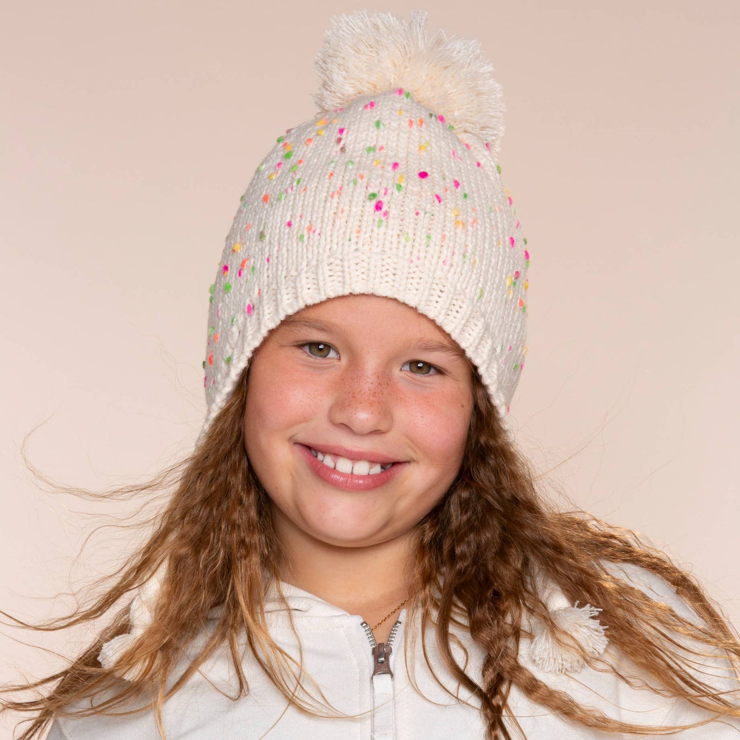 Speckled Knit Fleece Lined Winter Hat with Braids: L (4-6Y)
