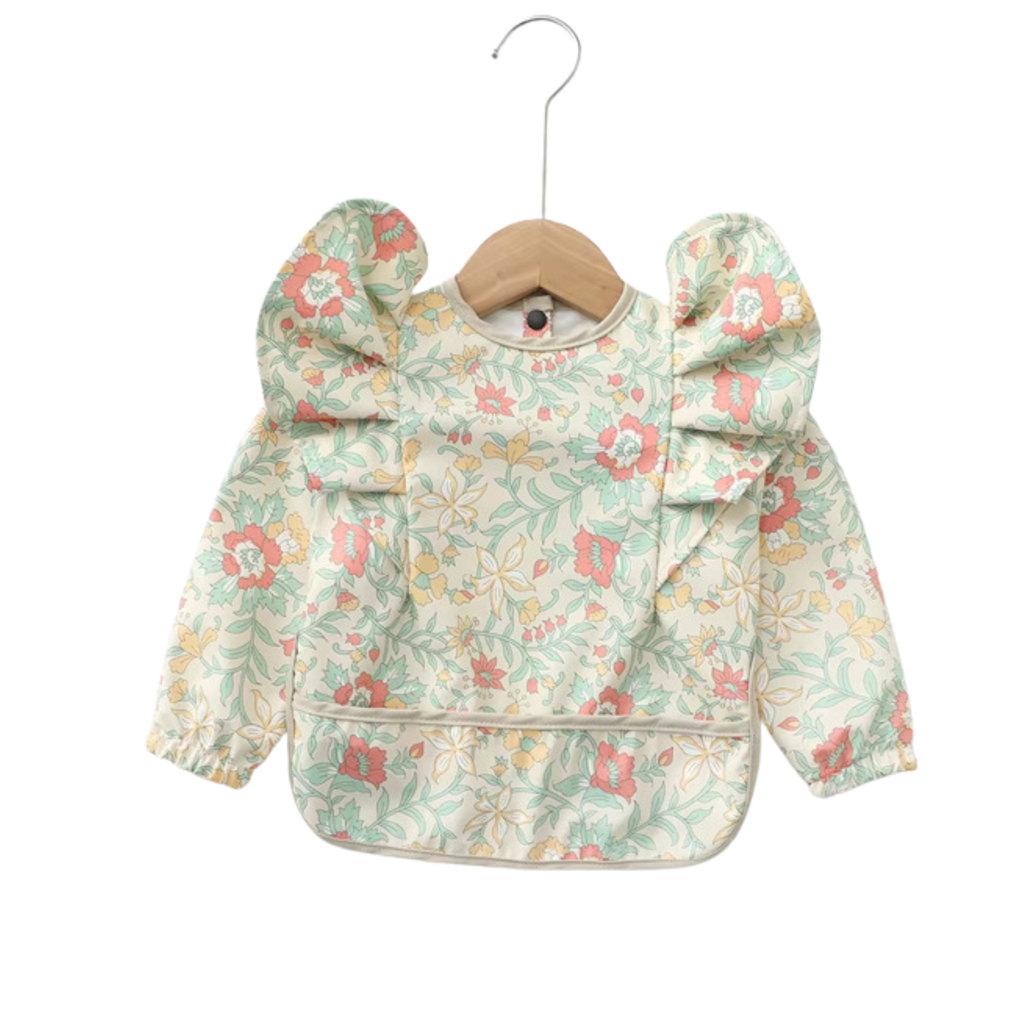 Waterproof Long Sleeve Ruffle Baby Bib w/ Green Floral Pattern