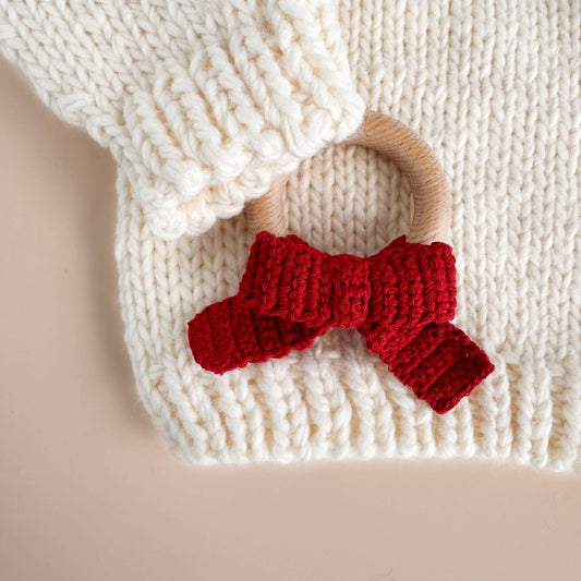 Teether Bow Red Cotton Crochet Christmas Holiday Fall Winter