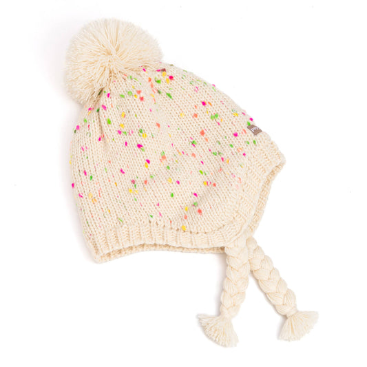 Speckled Knit Fleece Lined Winter Hat with Braids: M (2-4Y)