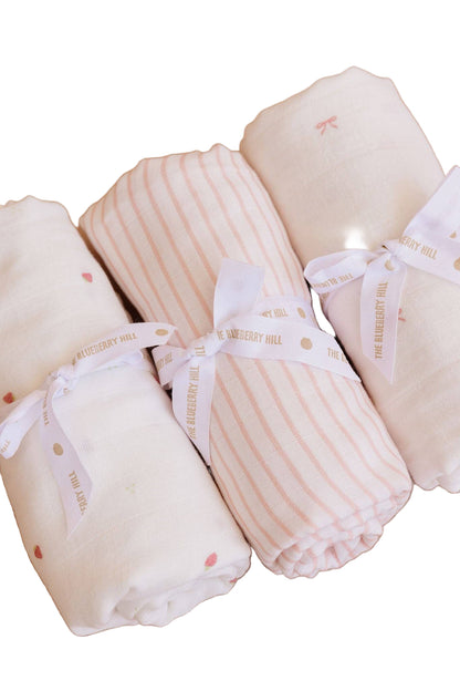 Organic Cotton Muslin Swaddle Blanket Gift Set: Strawberry, Bow, Stripe