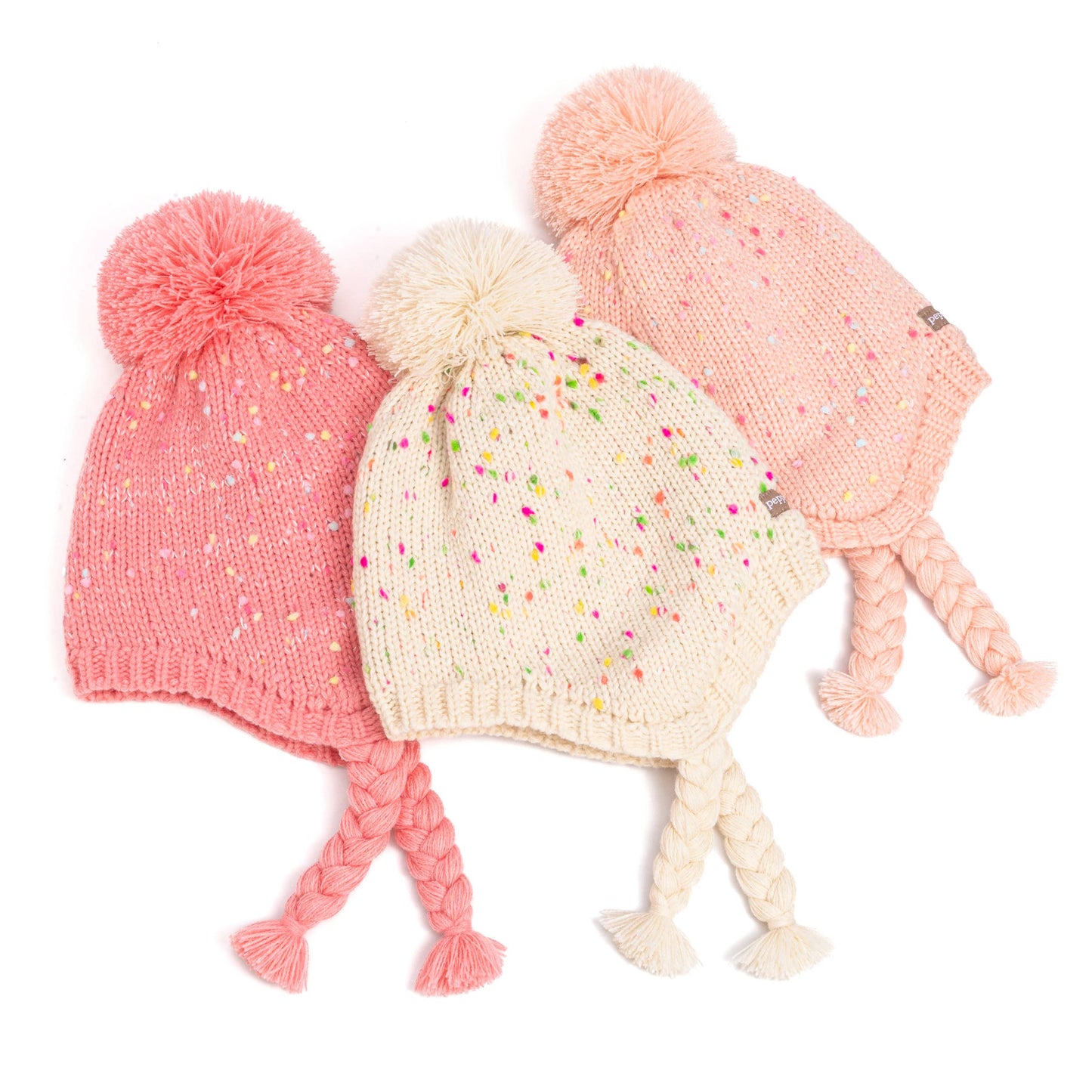 Speckled Knit Fleece Lined Winter Hat with Braids: L (4-6Y)