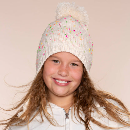 Speckled Knit Fleece Lined Winter Hat with Braids: L (4-6Y)