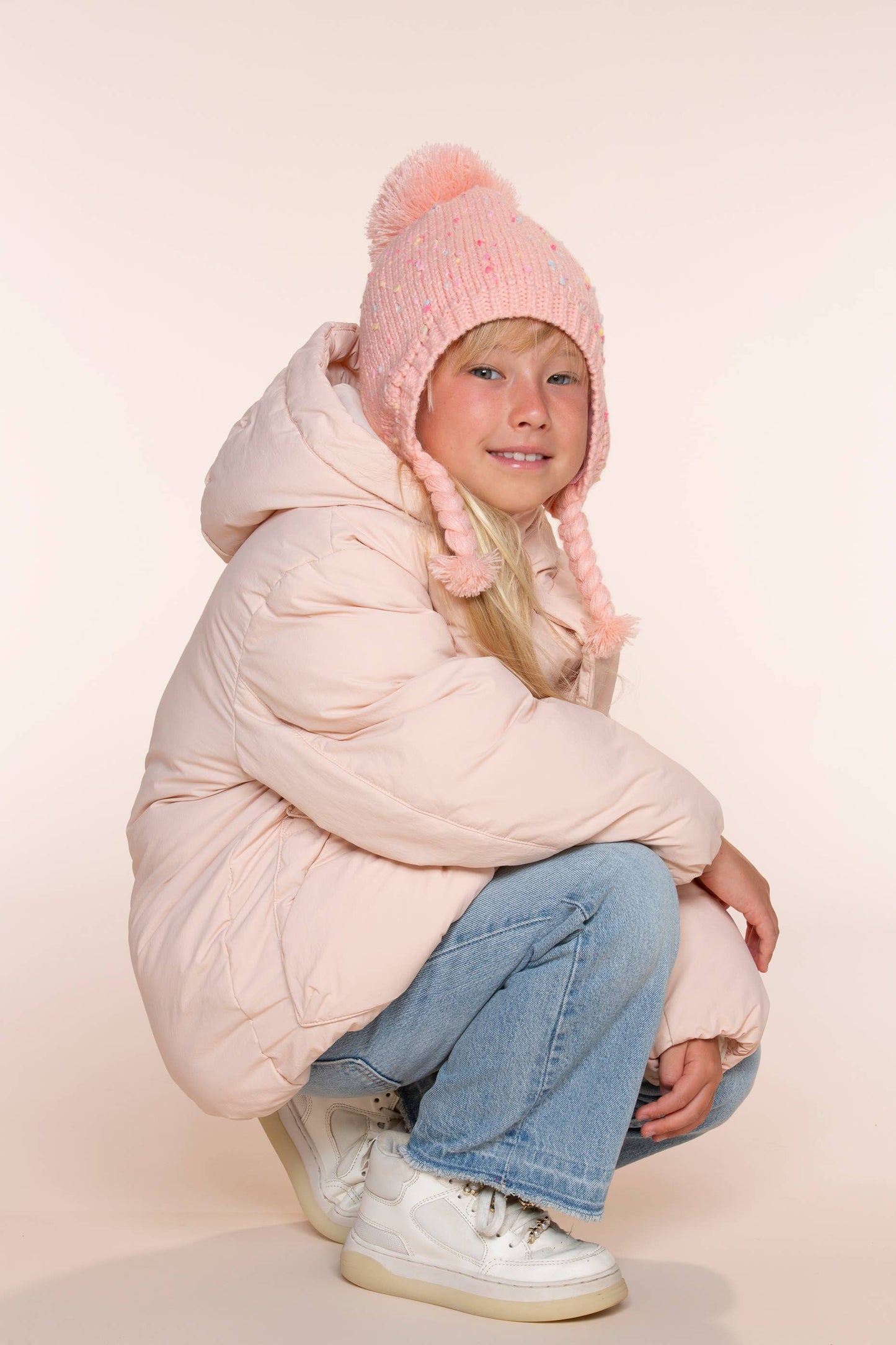 Speckled Knit Fleece Lined Winter Hat with Braids: L (4-6Y)