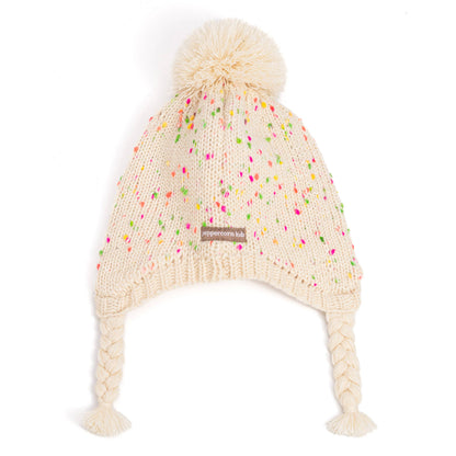 Speckled Knit Fleece Lined Winter Hat with Braids: L (4-6Y)