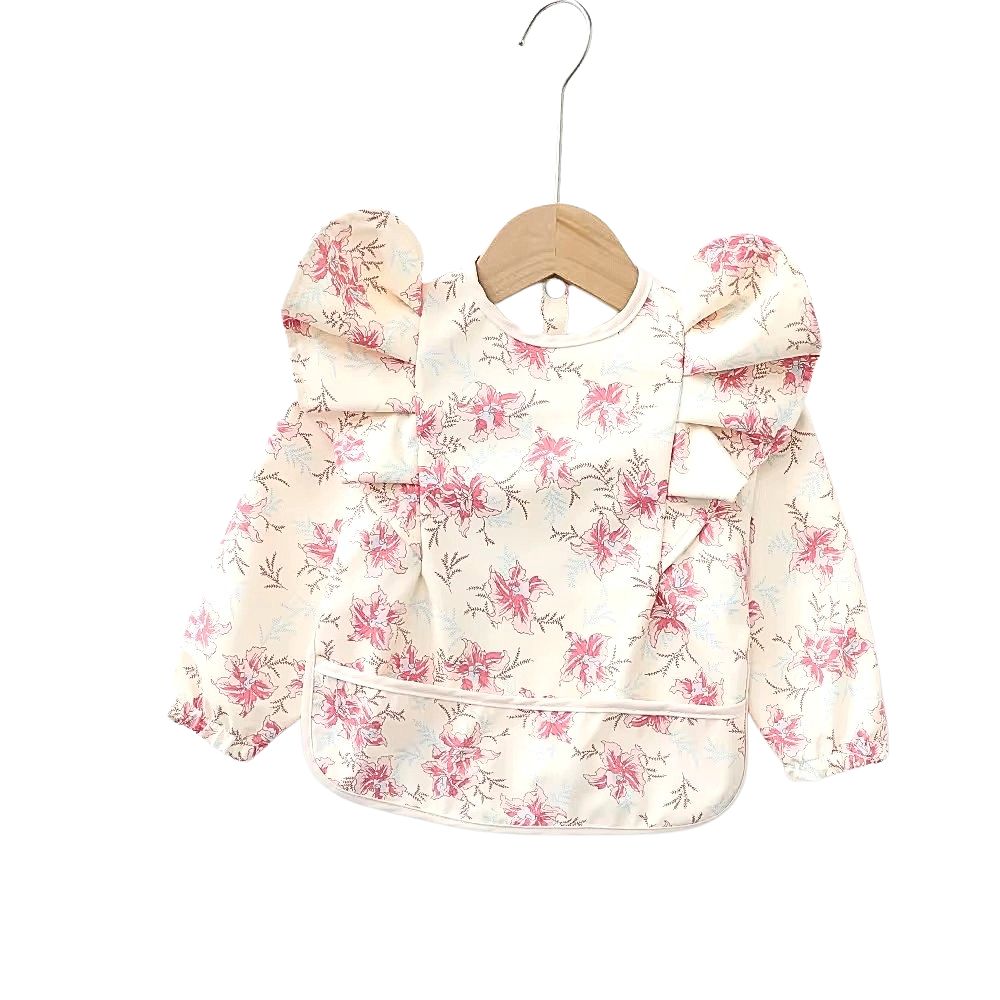 Waterproof Long Sleeve Ruffle Bib w/ Floral Pattern
