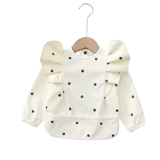 Waterproof Long Sleeve Ruffle Baby Bib w/ Polka Dot Pattern