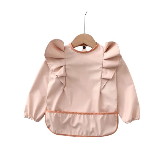 Waterproof Long Sleeve Ruffle Baby Bib in Solid Pink