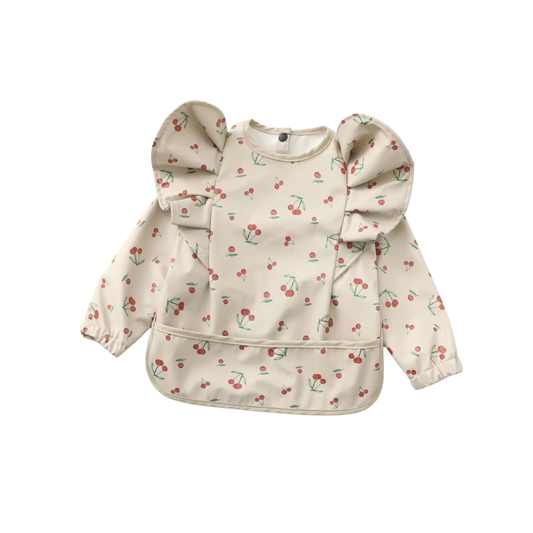 Waterproof Long Sleeve Ruffle Baby Bib w/ Cream Cherry Pattern