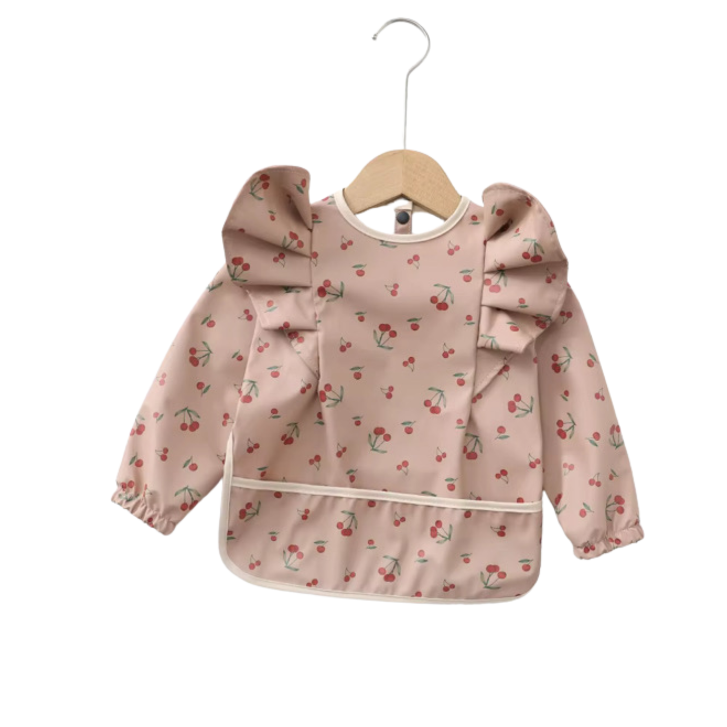 Waterproof Long Sleeve Ruffle Baby Bib w/ Pink Cherry Pattern