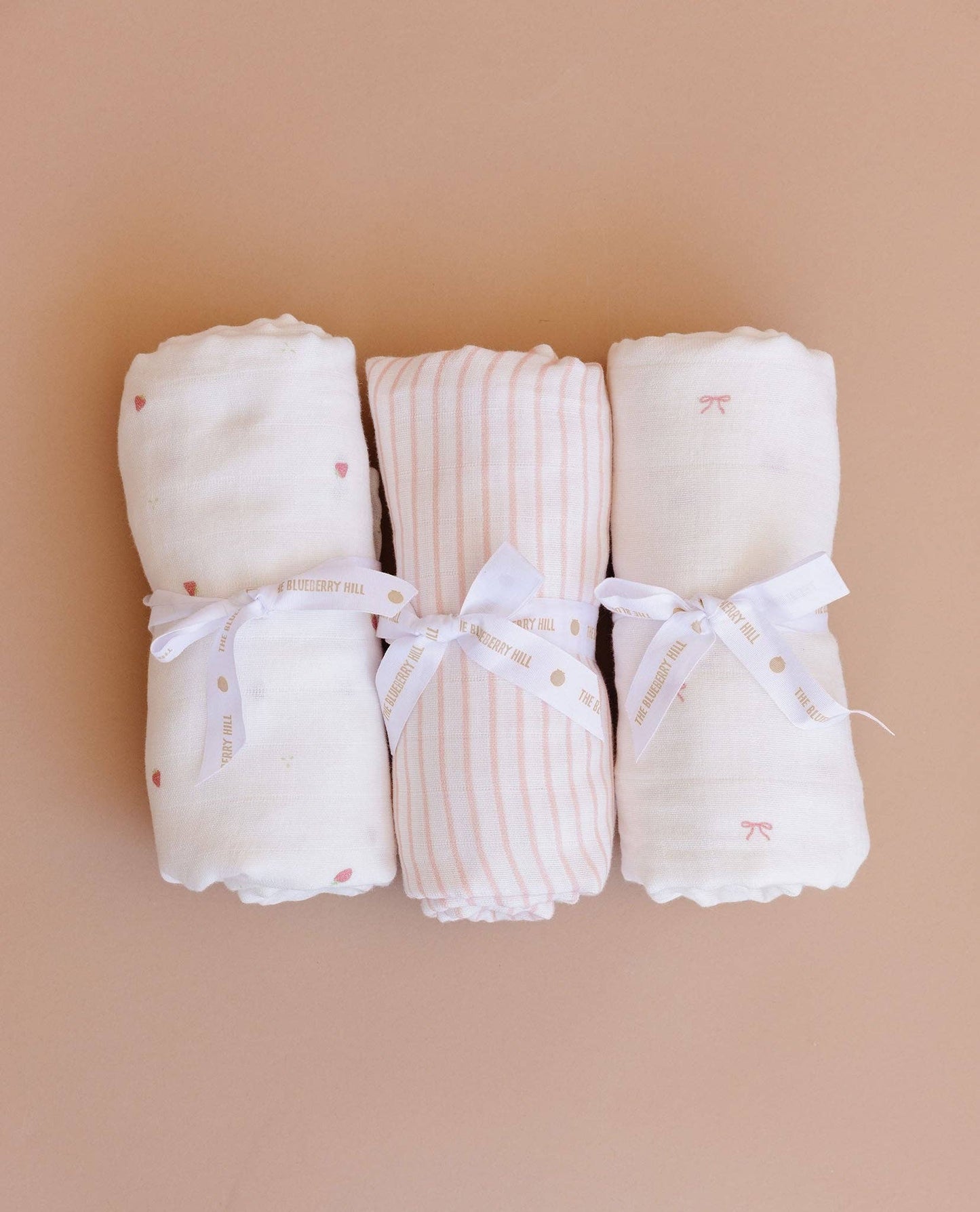 Organic Cotton Muslin Swaddle Blanket Gift Set: Strawberry, Bow, Stripe