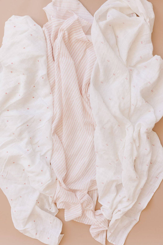 Organic Cotton Muslin Swaddle Blanket Gift Set: Strawberry, Bow, Stripe