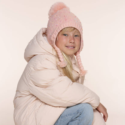 Speckled Knit Fleece Lined Winter Hat with Braids - Pink: M (2-4Y)