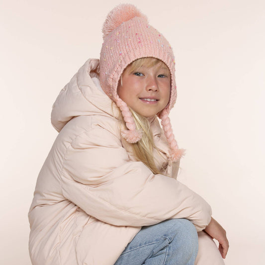 Speckled Knit Fleece Lined Winter Hat with Braids - Pink: M (2-4Y)